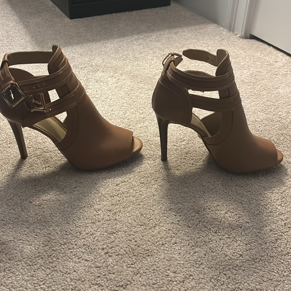 Michael Kors taupe heeled booties with gold metal buckle - worn outside once. - Picture 2 of 4